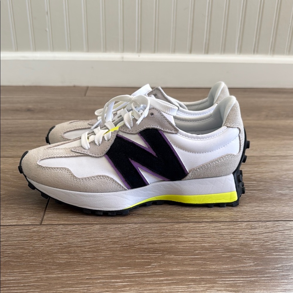327 New Balance White and Black Sneakers with Yellow Accents
